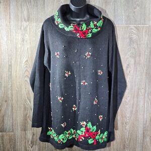 VTG Victoria Jones Christmas Sweater Womens‎ XL Black Holiday Embroidered Beaded